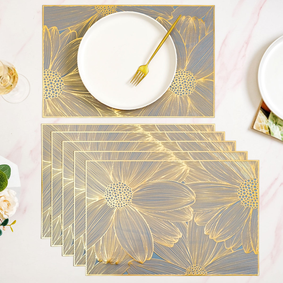 Chic Flower Rectangle Table Mat Set Of 6 Gold Blue Nestasia