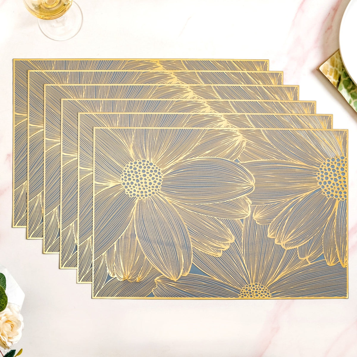 Chic Flower Rectangle Table Mat Set Of 6 Gold Blue Nestasia