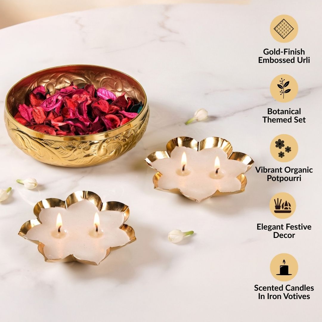 Aroma Candle Potpourri Small Urli Gift Hamper Set Of 3 Nestasia