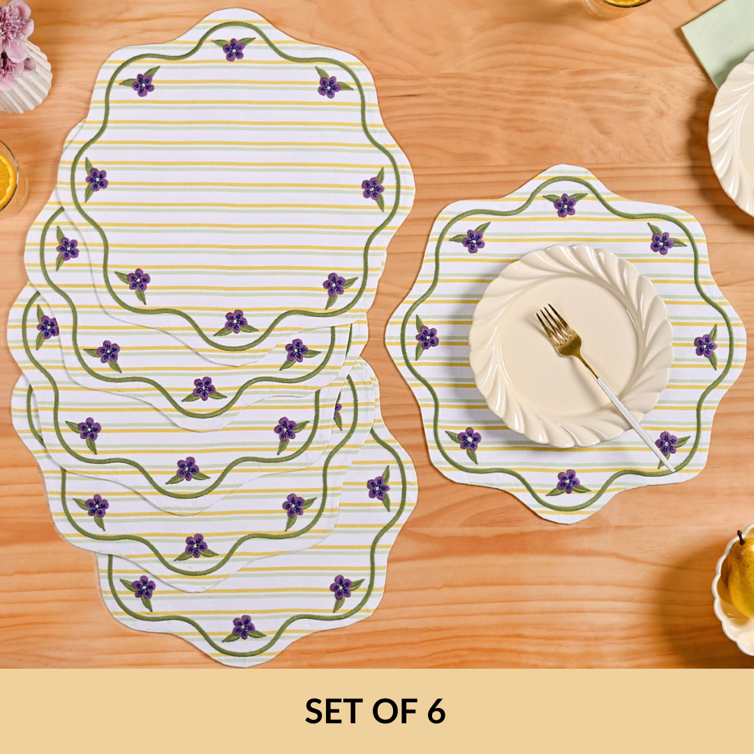 Bloom Lines Cotton Embroidered Table Mat Set Of 6 Nestasia