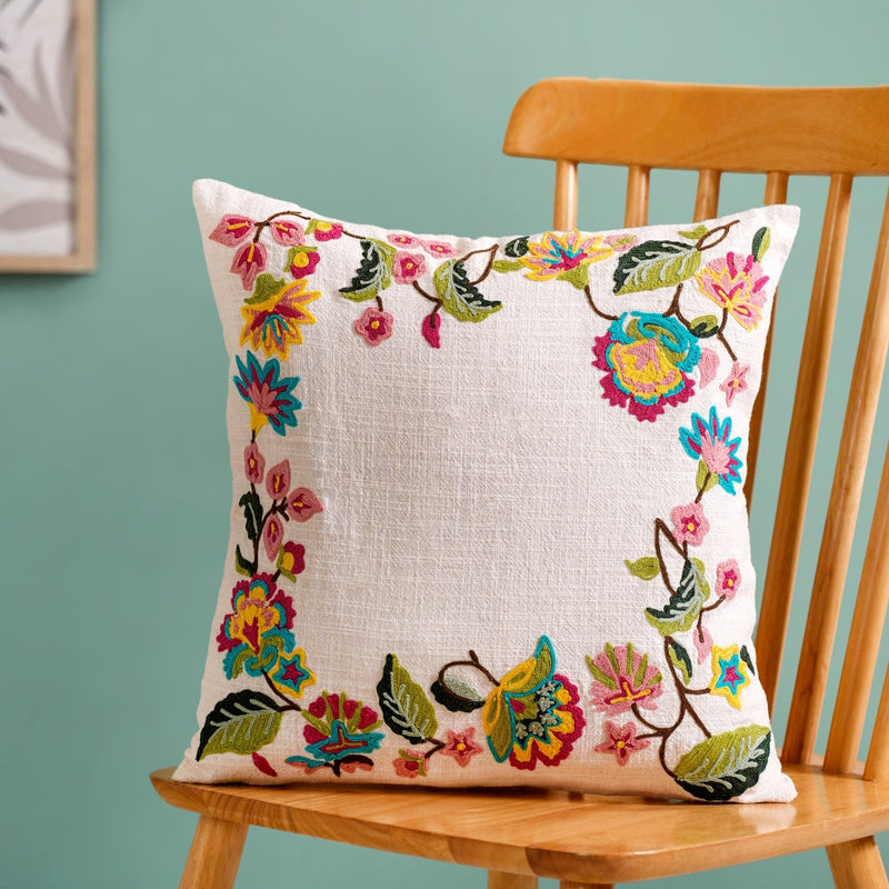 Vibrant Floral Embroidered Cotton Canvas Cushion Cover 40x40cm Nestasia