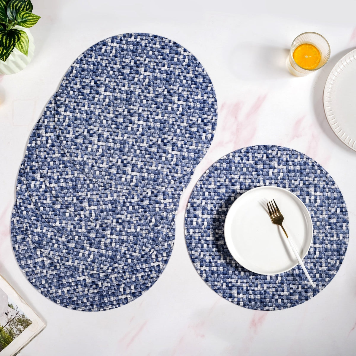 Blue And White Intrecciato Weave Round Table Mat Set Of 6 Nestasia
