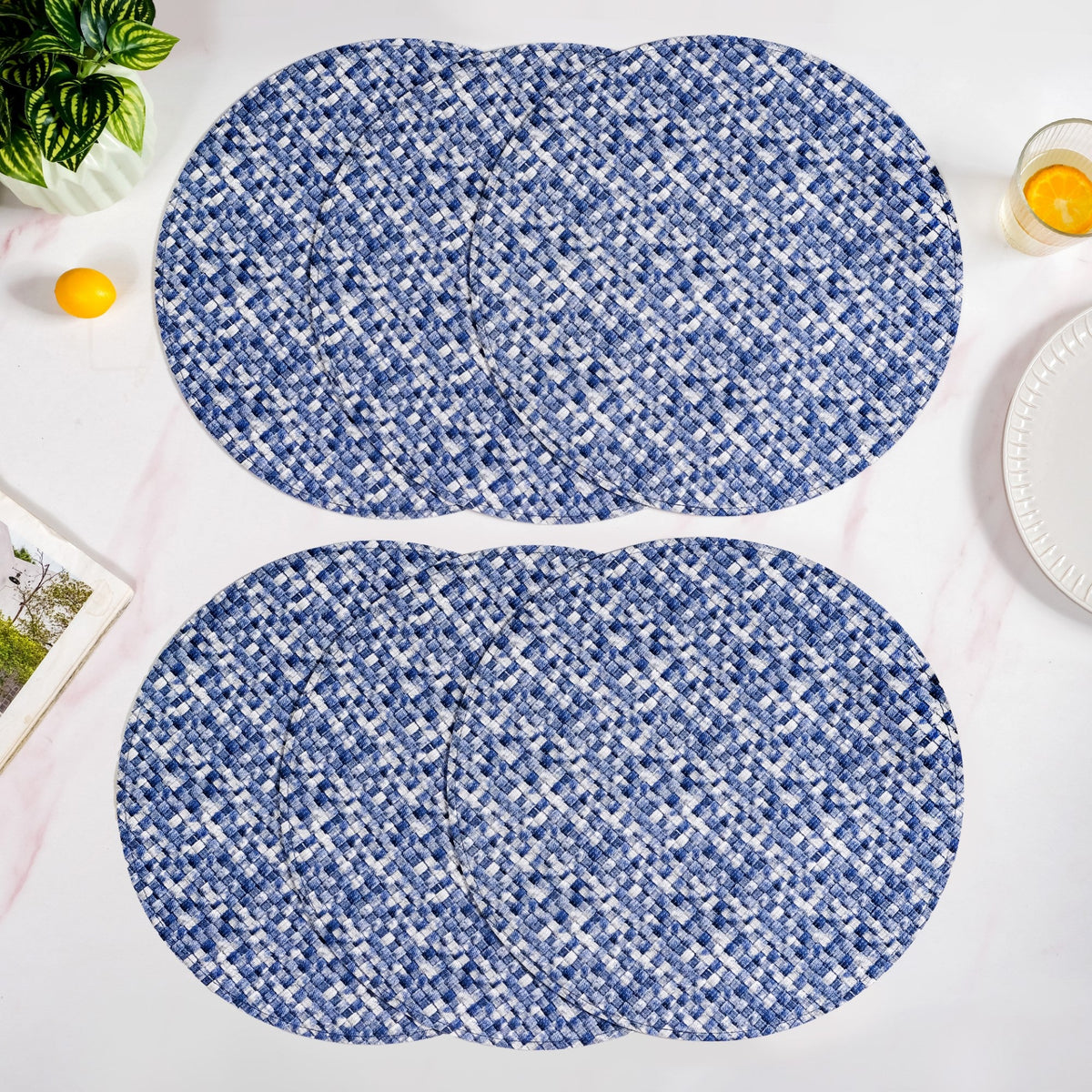 Blue And White Intrecciato Weave Round Table Mat Set Of 6 Nestasia