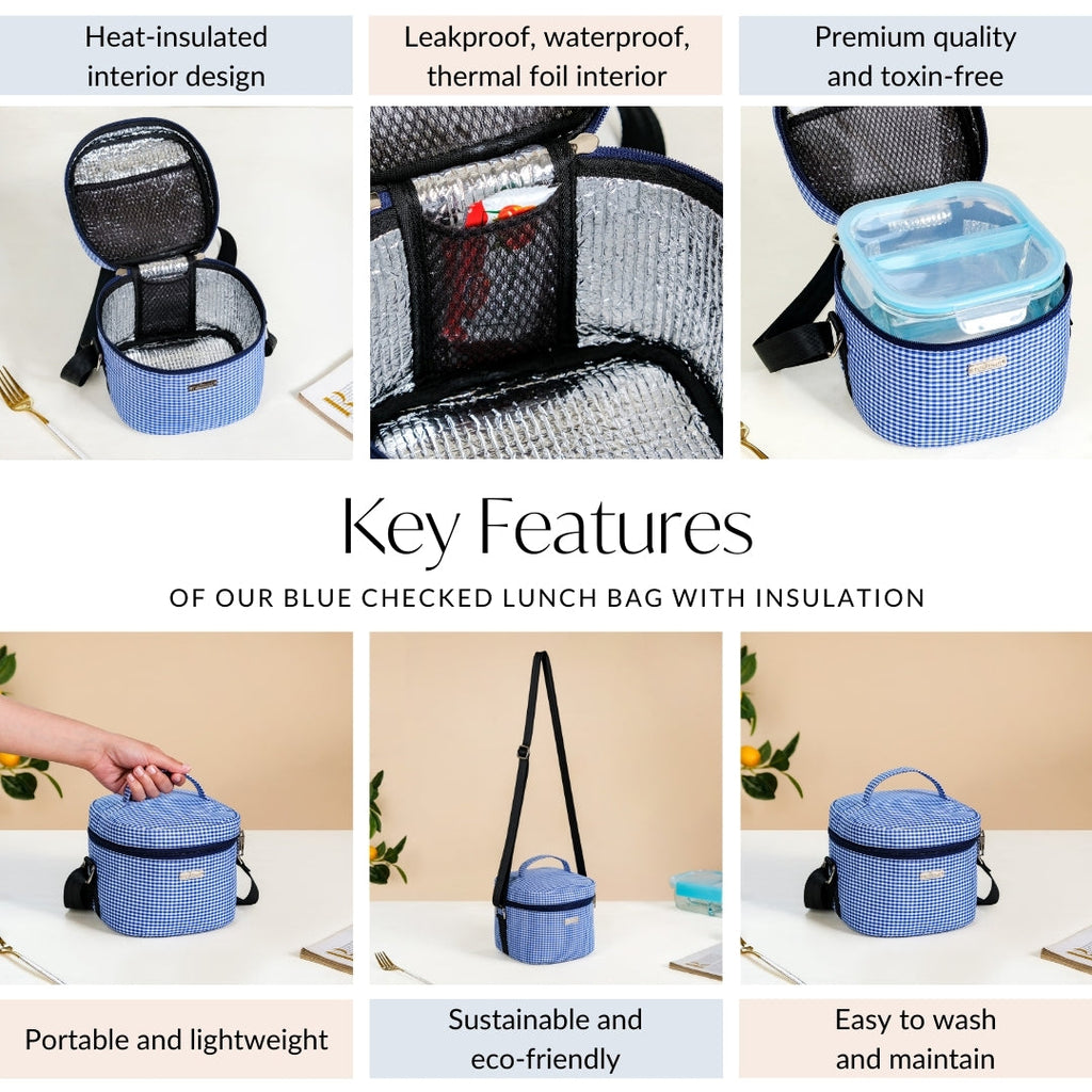 Blue Checked Lunch Bag With Insulation Nestasia