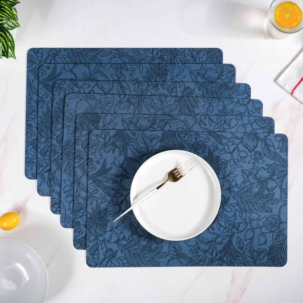 Blue Embossed Hibiscus Rectangular Placemats Set Of 6 Nestasia