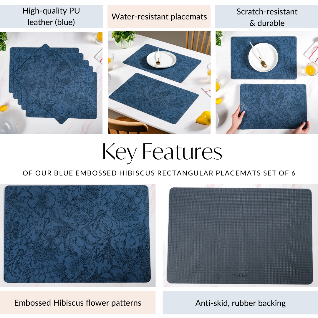 Blue Embossed Hibiscus Rectangular Placemats Set Of 6 Nestasia