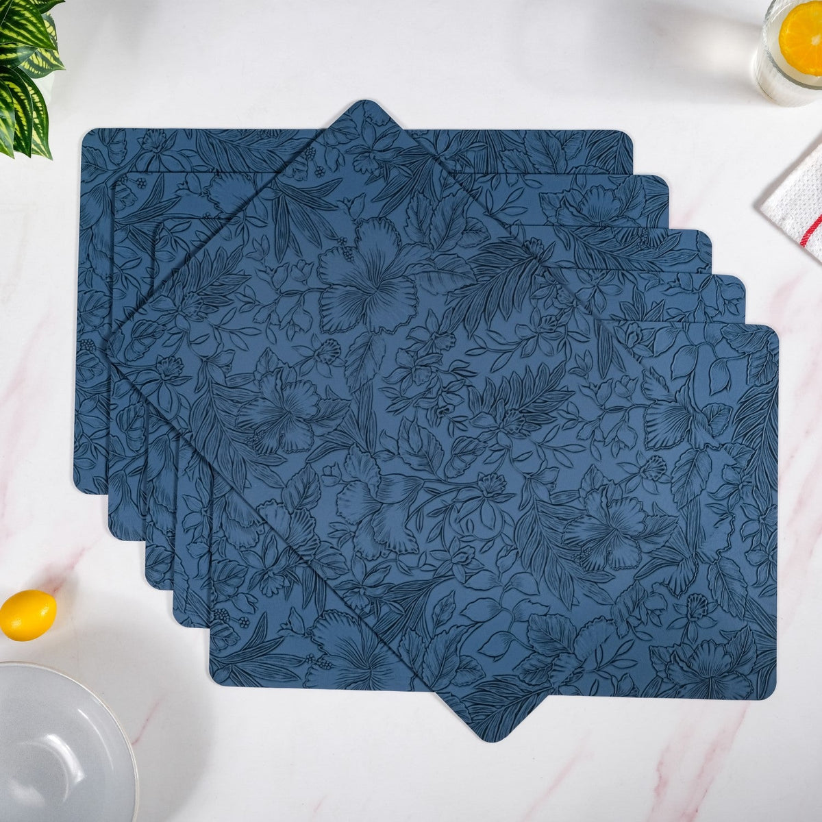 Blue Embossed Hibiscus Rectangular Placemats Set Of 6 Nestasia