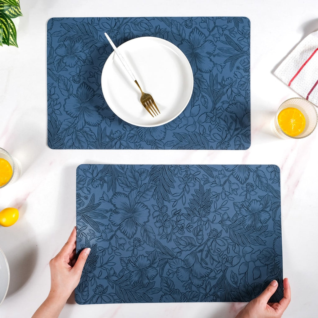 Blue Embossed Hibiscus Rectangular Placemats Set Of 6 Nestasia