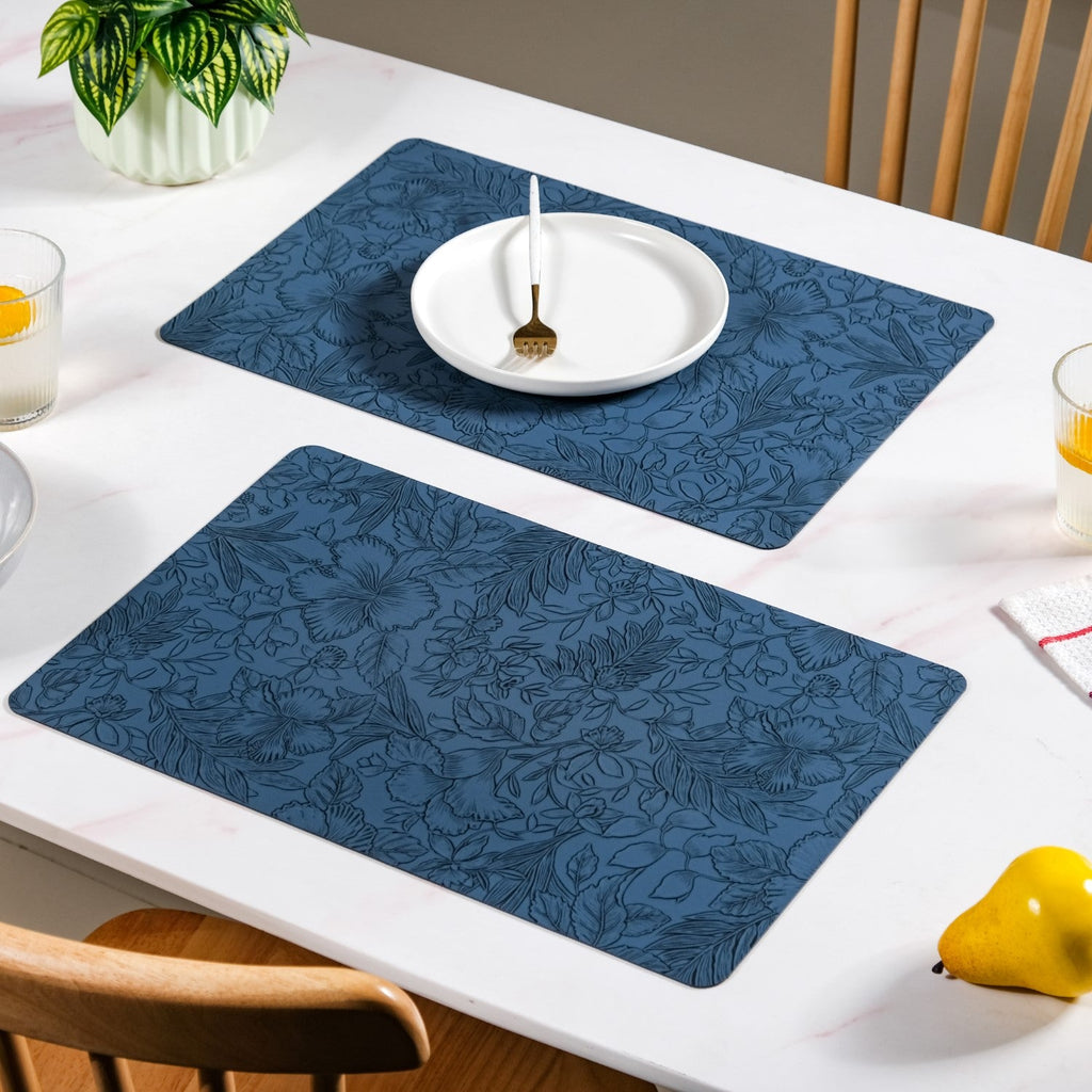 Blue Embossed Hibiscus Rectangular Placemats Set Of 6 Nestasia
