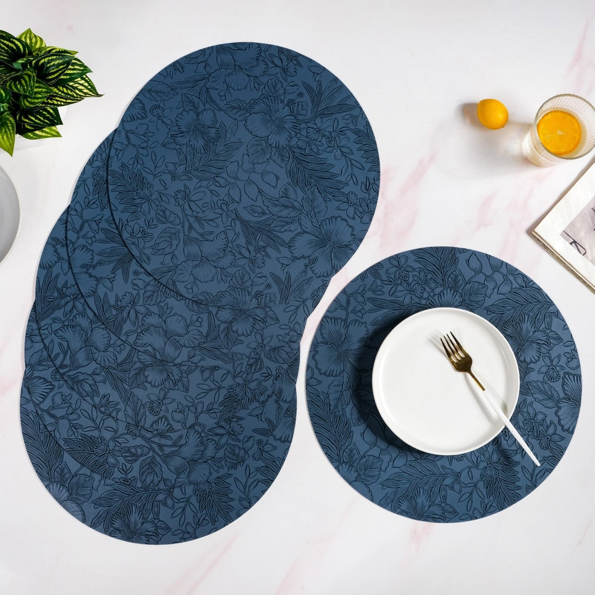 Blue Embossed Hibiscus Round Placemats Set Of 6 Nestasia