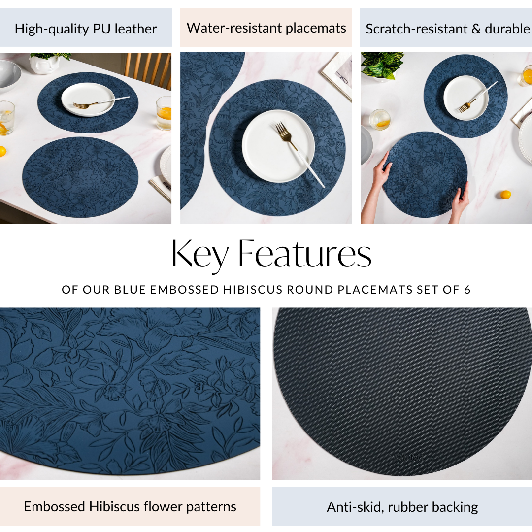 Blue Embossed Hibiscus Round Placemats Set Of 6 Nestasia