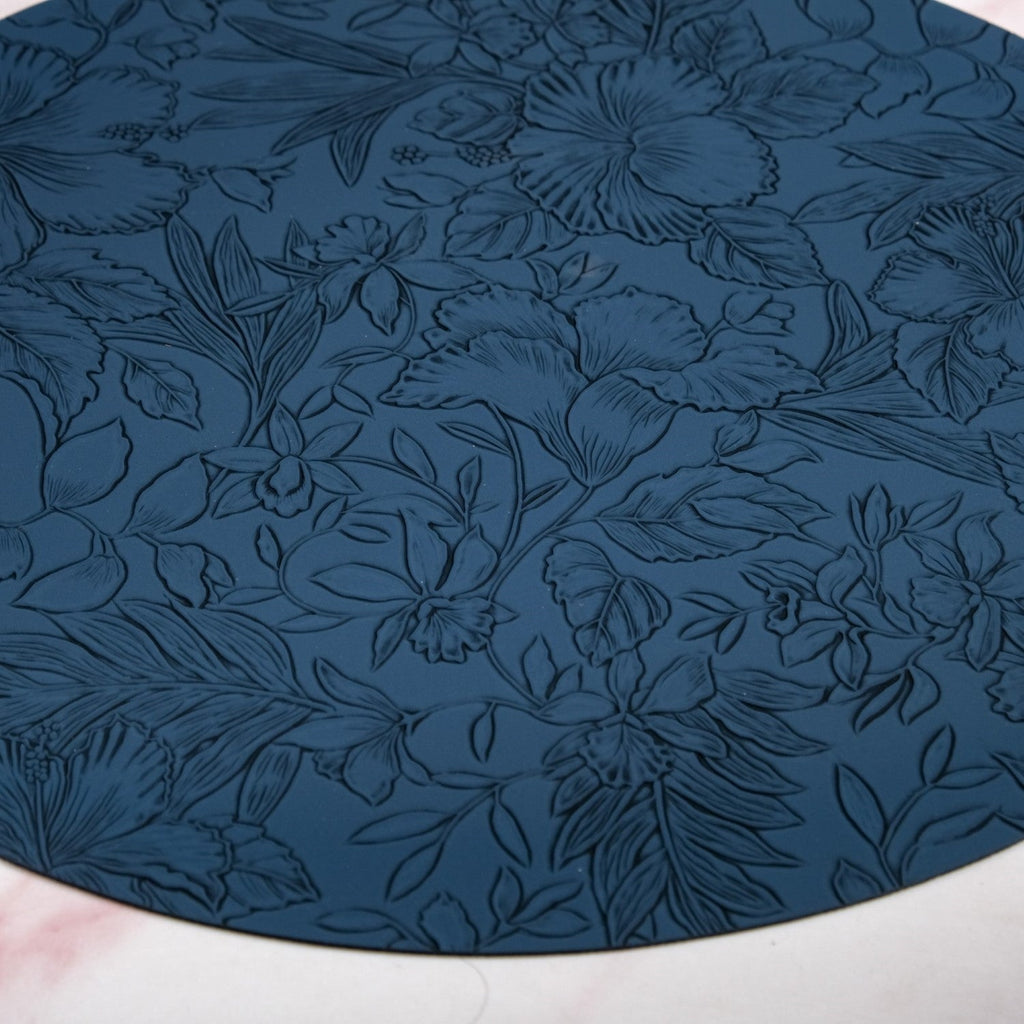 Blue Embossed Hibiscus Round Placemats Set Of 6 Nestasia
