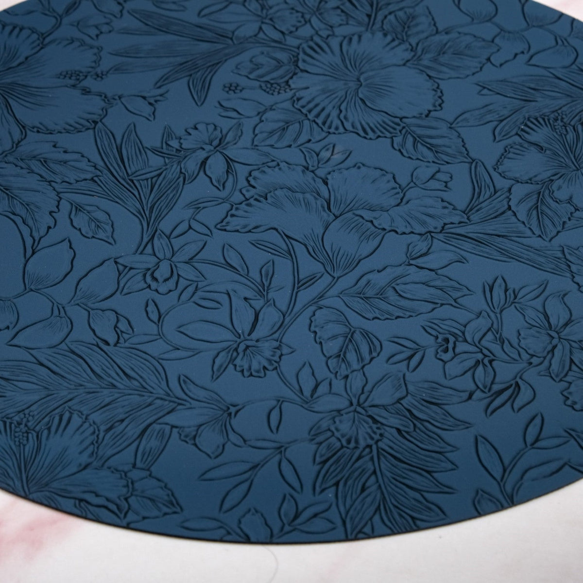 Blue Embossed Hibiscus Round Placemats Set Of 6 Nestasia