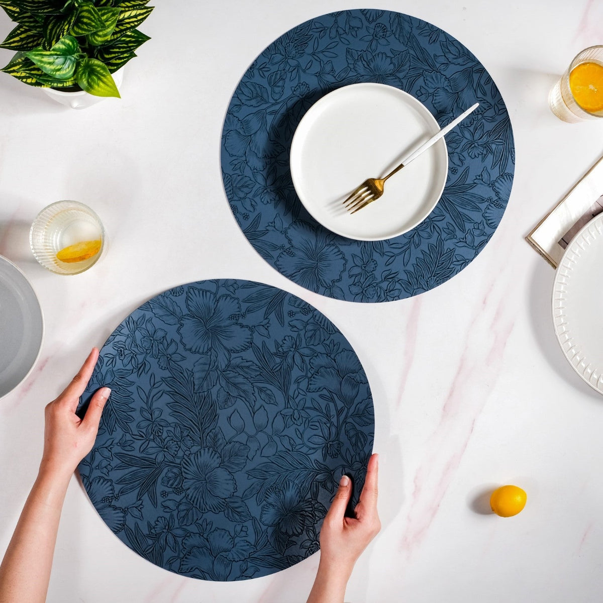 Blue Embossed Hibiscus Round Placemats Set Of 6 Nestasia