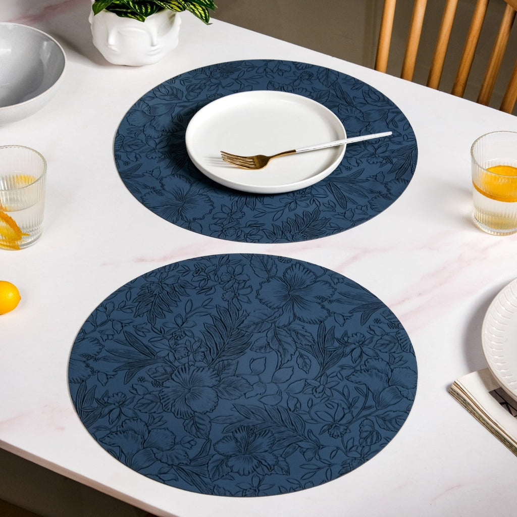 Blue Embossed Hibiscus Round Placemats Set Of 6 Nestasia