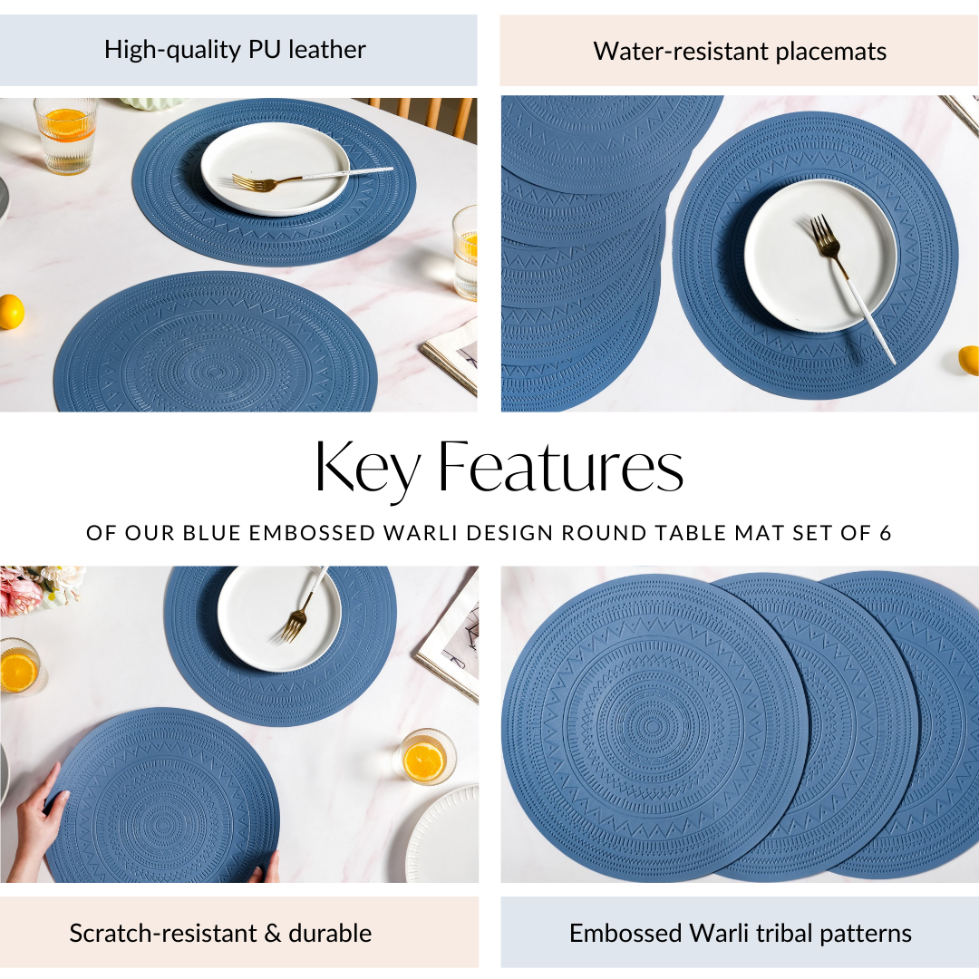 Blue Embossed Warli Design Round Table Mat Set Of 6 Nestasia