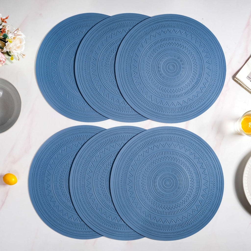 Blue Embossed Warli Design Round Table Mat Set Of 6 Nestasia