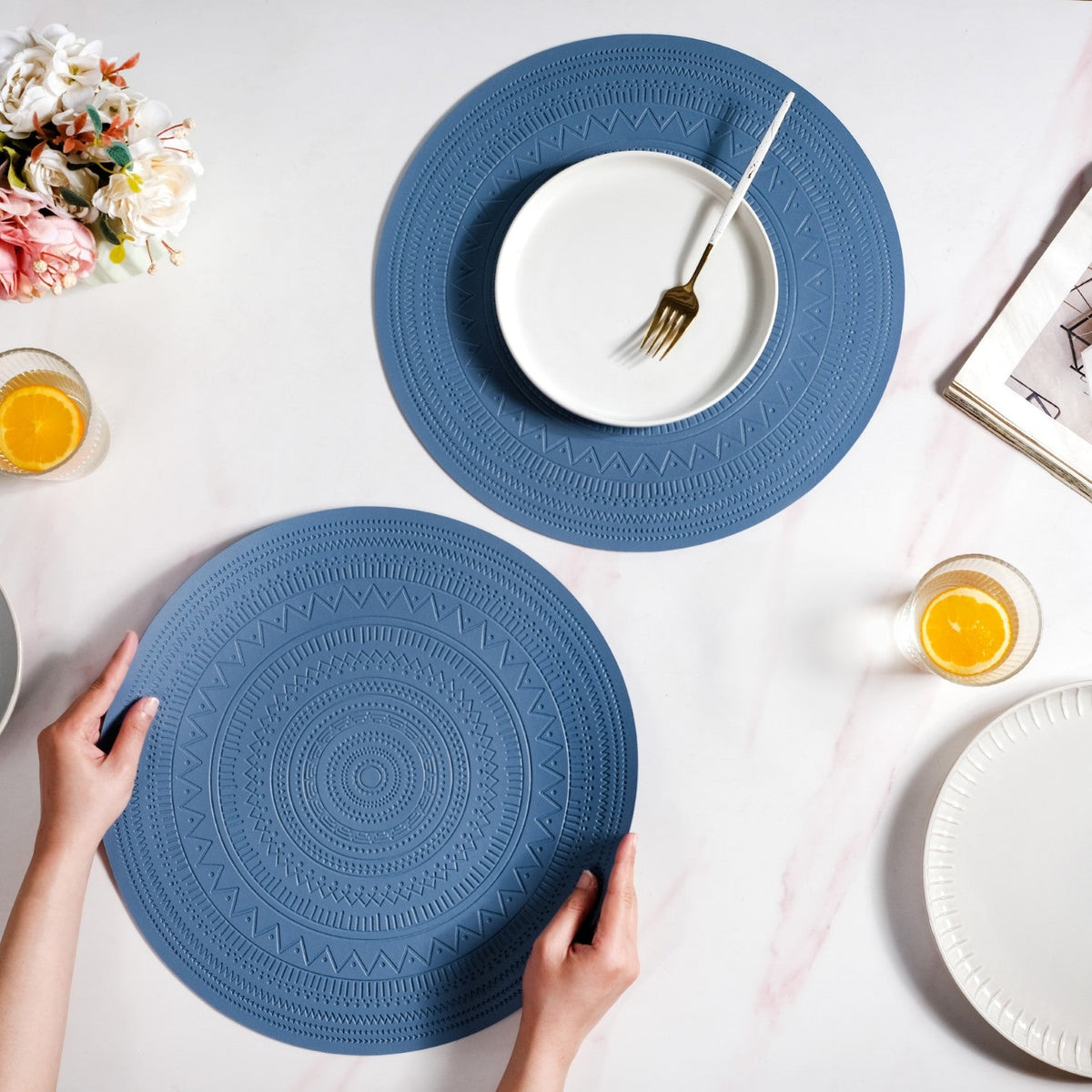 Blue Embossed Warli Design Round Table Mat Set Of 6 Nestasia
