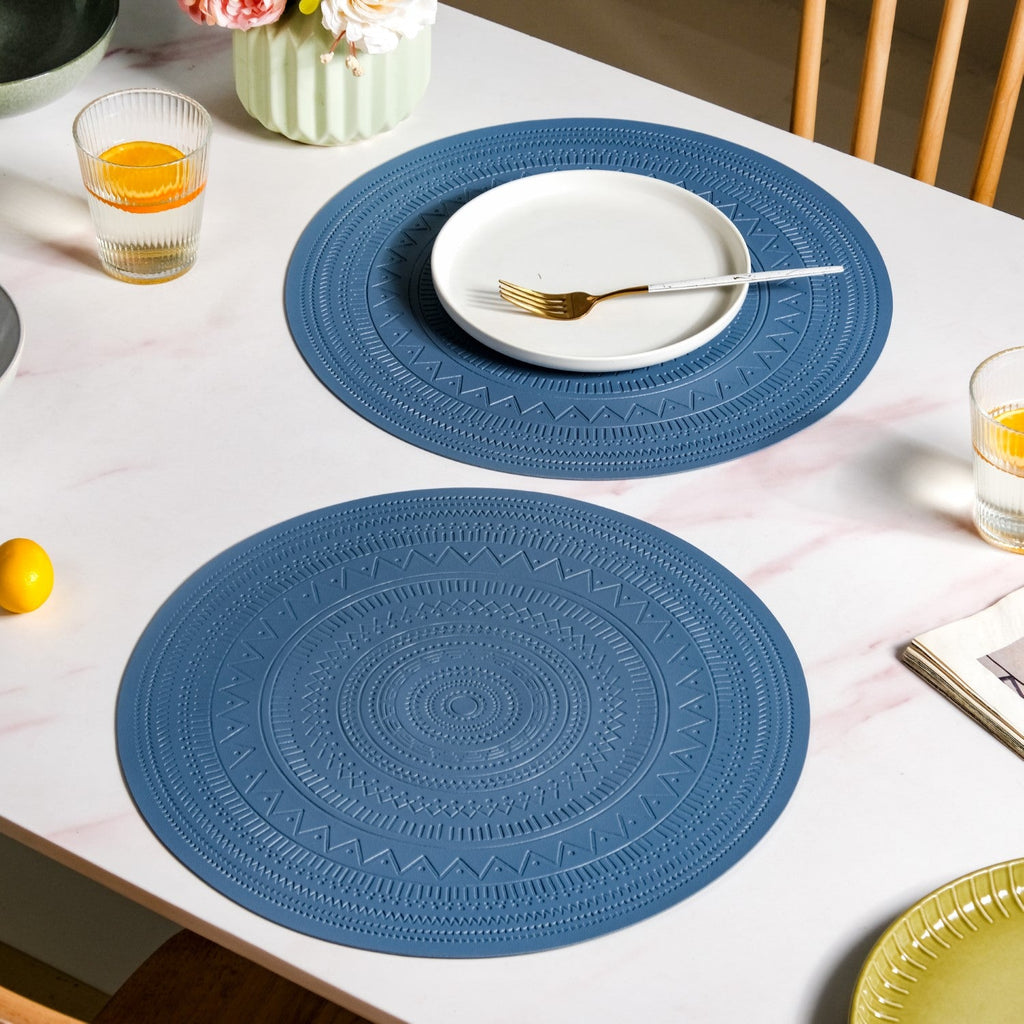 Blue Embossed Warli Design Round Table Mat Set Of 6 Nestasia