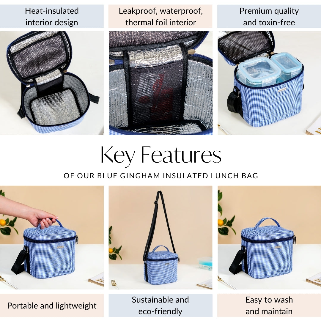 Blue Gingham Insulated Lunch Bag Nestasia