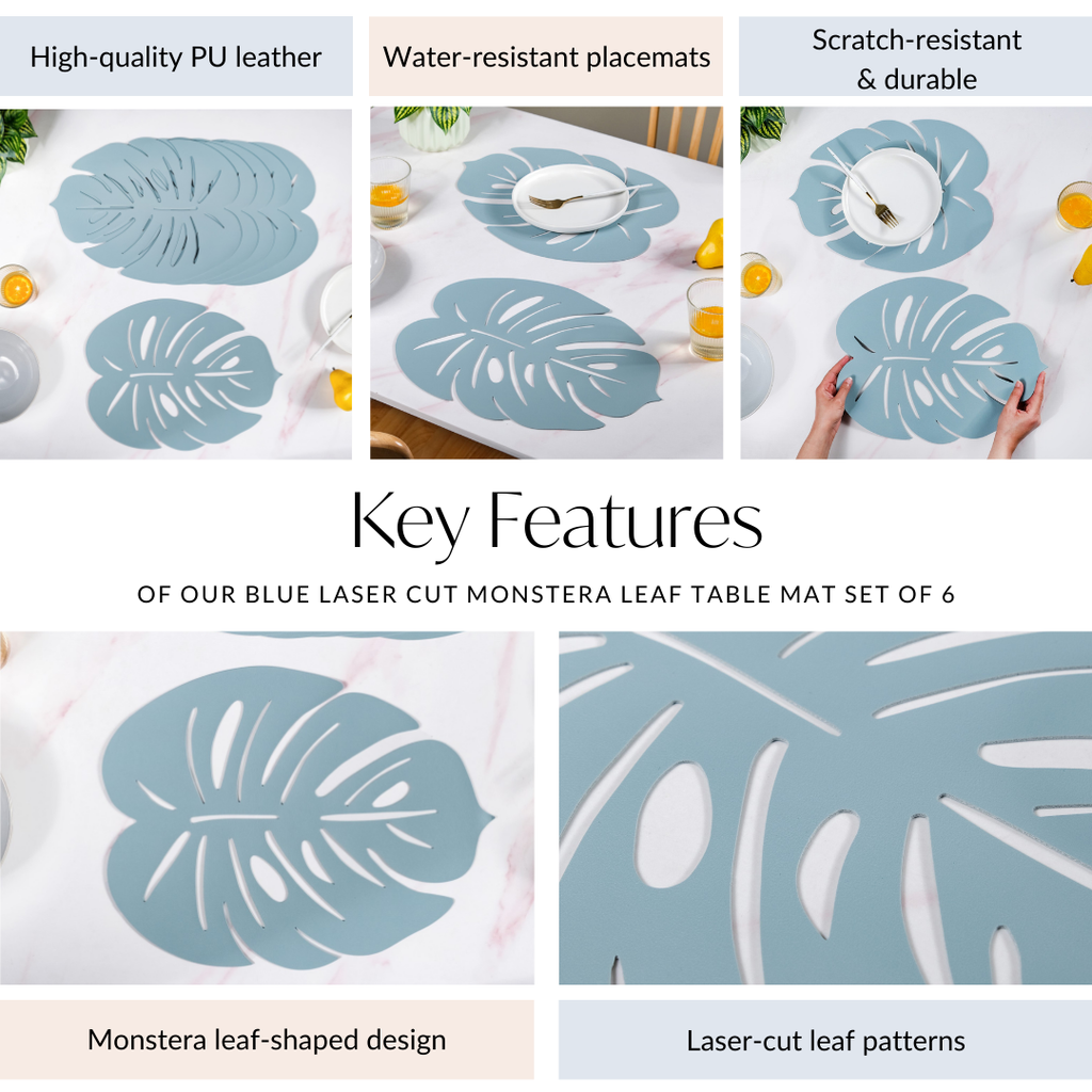 Blue Laser Cut Monstera Leaf Table Mat Set Of 6 Nestasia