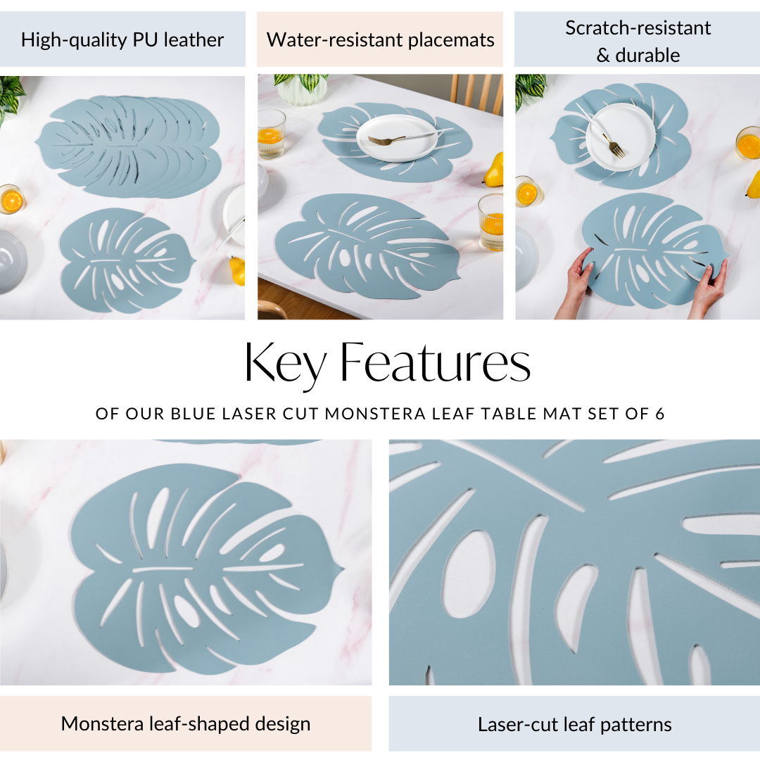 Blue Laser Cut Monstera Leaf Table Mat Set Of 6 Nestasia