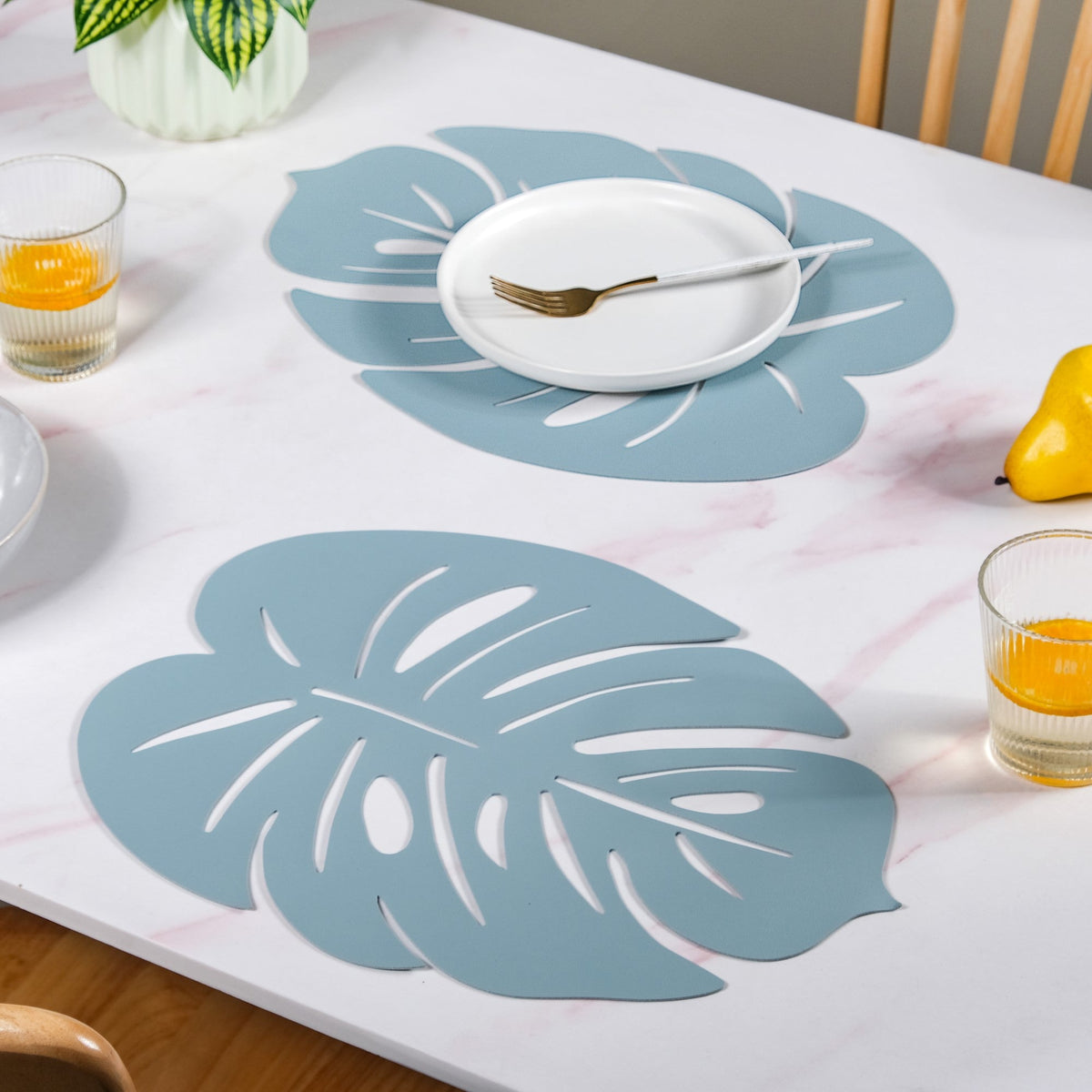 Blue Laser Cut Monstera Leaf Table Mat Set Of 6 Nestasia