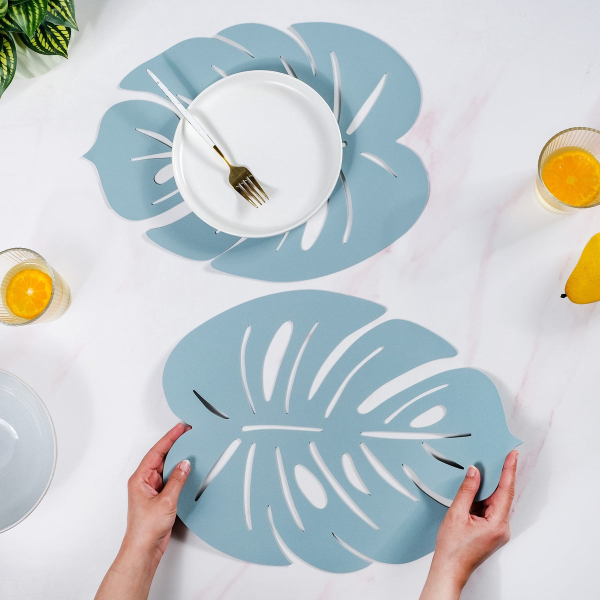 Blue Laser Cut Monstera Leaf Table Mat Set Of 6 Nestasia