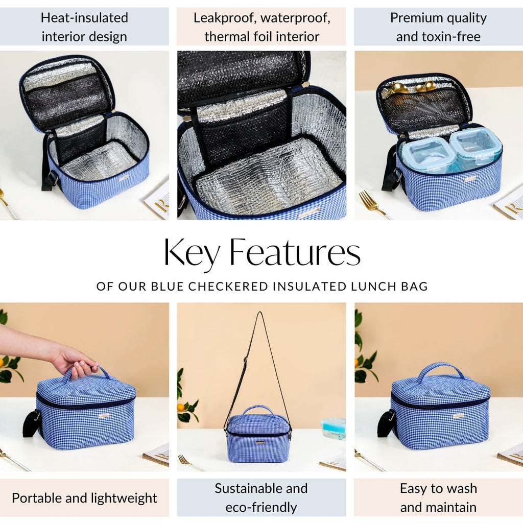 Blue Checkered Insulated Lunch Bag Nestasia