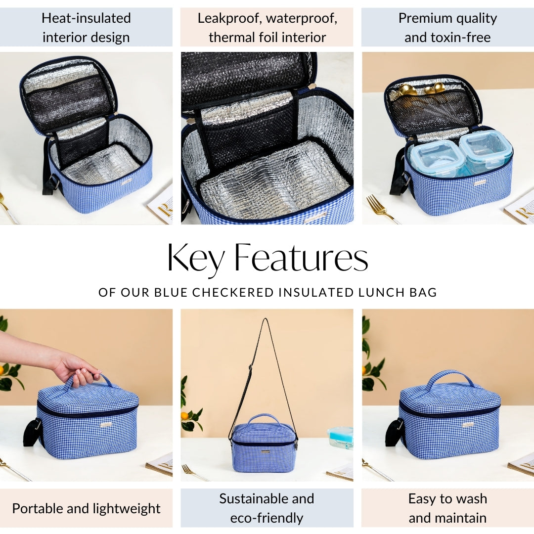 Blue Checkered Insulated Lunch Bag Nestasia