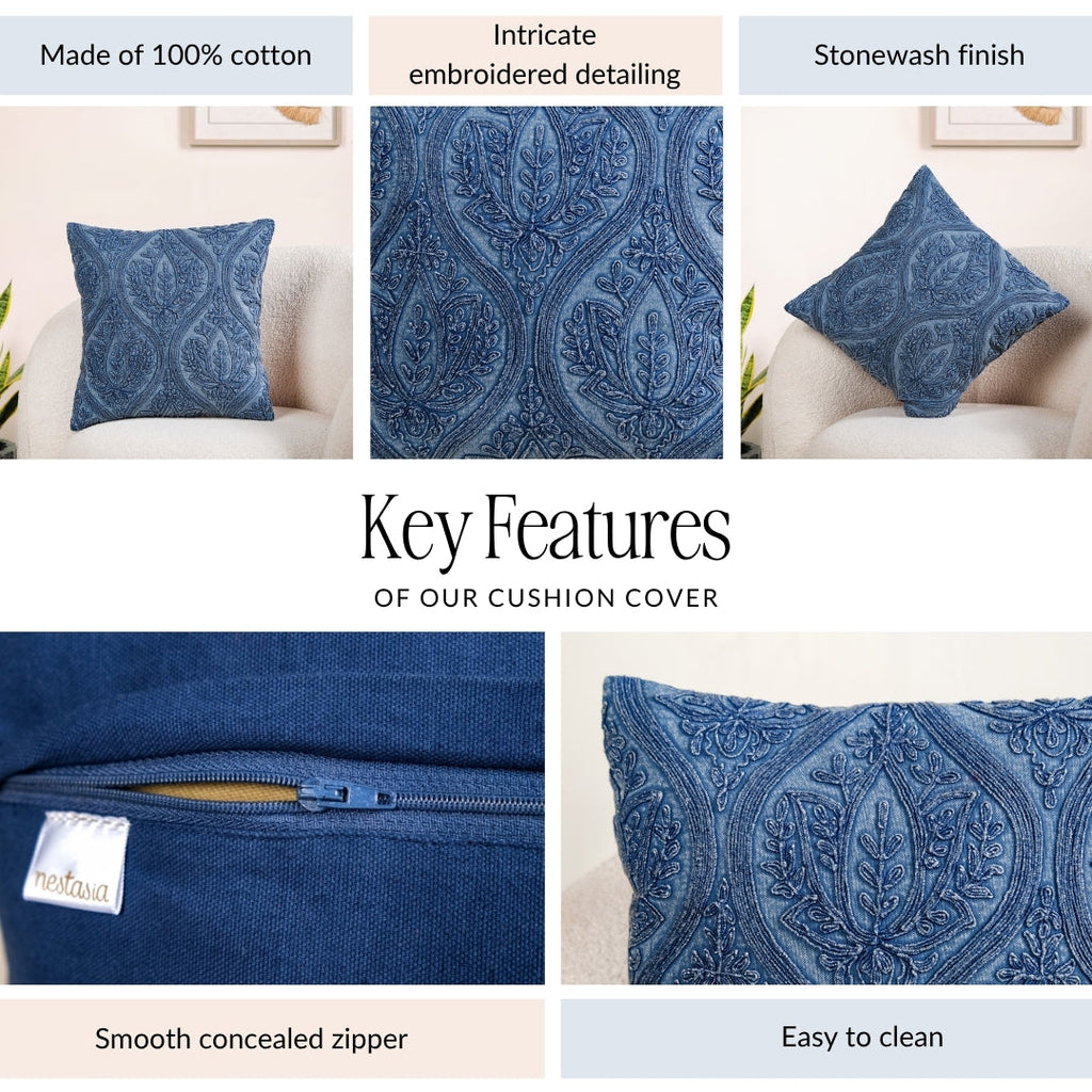 Blue Stonewash Embroidered Cotton Cushion Cover 40x40cm Nestasia
