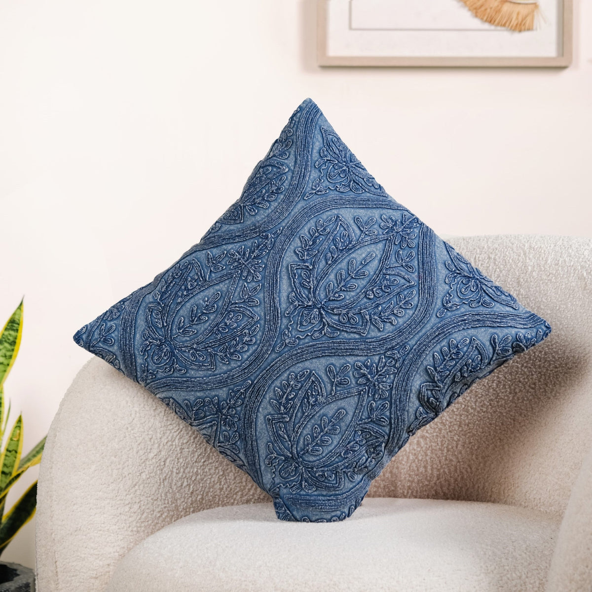 Blue Stonewash Embroidered Cotton Cushion Cover 40x40cm Nestasia