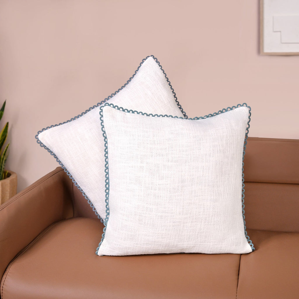 Blueline Lace Cotton Sofa With Looped Edging Set Cushion Cover Set Of 2 Nestasia