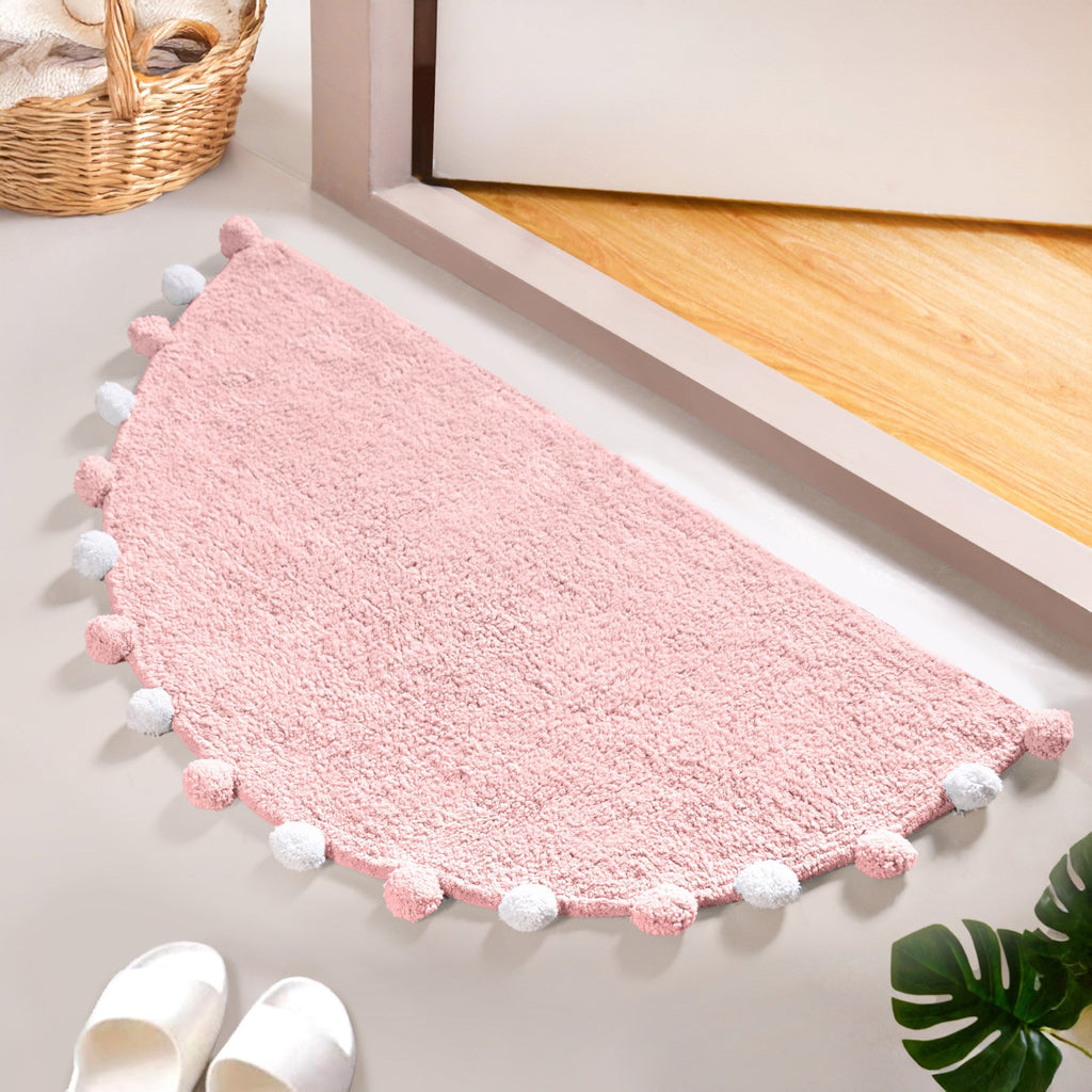 Blush Pink Pom Pom Pure Cotton Anti Slip Floor Mat 88x47cm Nestasia