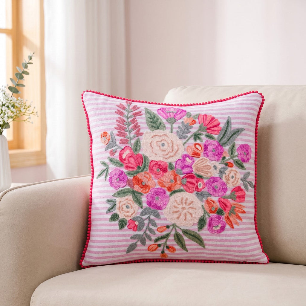 Blush Breeze Embroidered Stripe Cotton Cushion Cover 40x40cm Nestasia