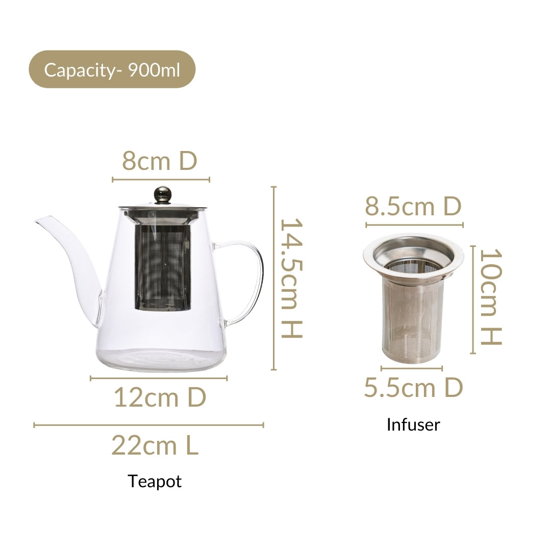 Glass Kettle With Tea Strainer Flame Safe 900ml Nestasia