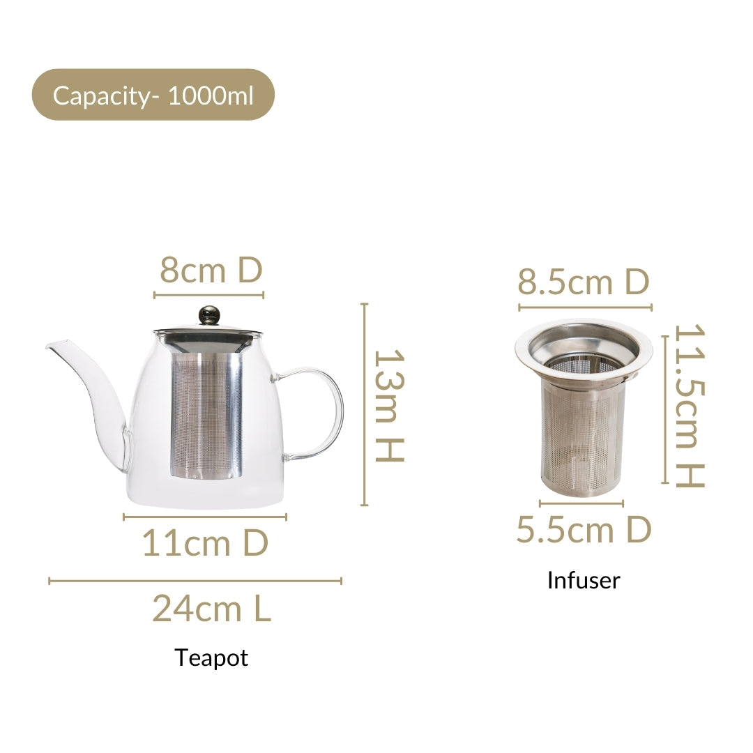 Flame Safe Borosilicate Glass Teapot With Strainer 1000ml Nestasia