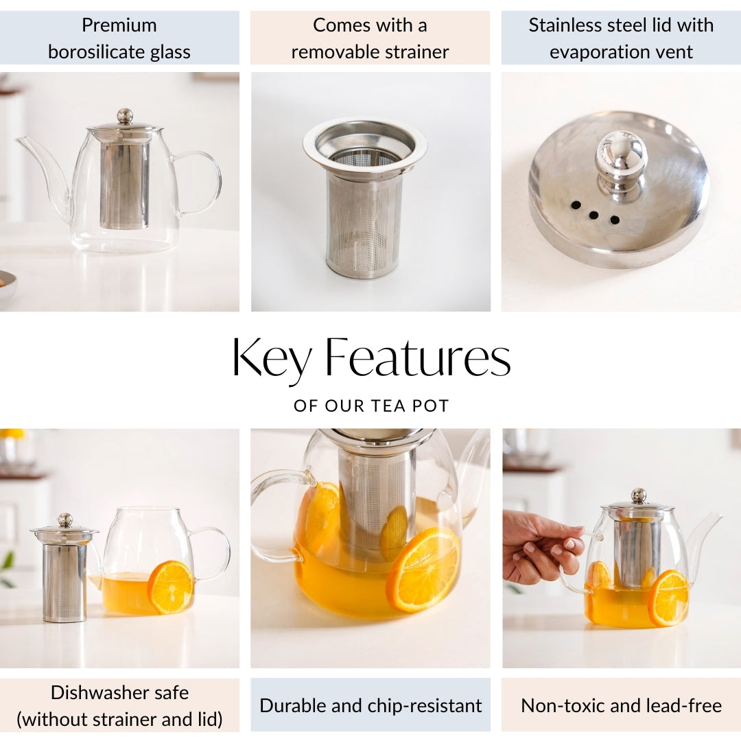 Flame Safe Borosilicate Glass Teapot With Strainer 1000ml Nestasia