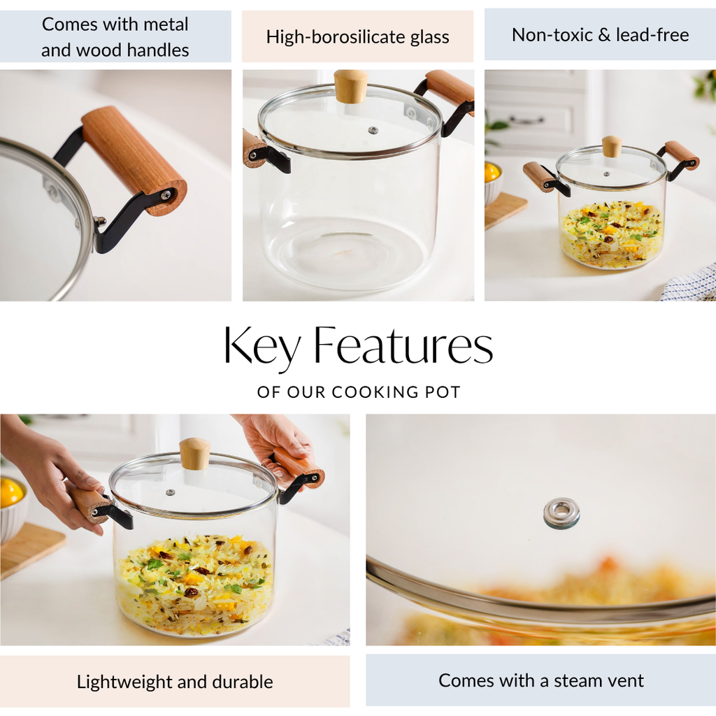 Borosilicate Stovetop Pot With Wooden Handle Large 4500ml Nestasia