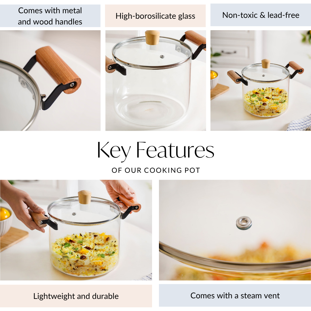 Borosilicate Stovetop Pot With Wooden Handle Large 4500ml Nestasia