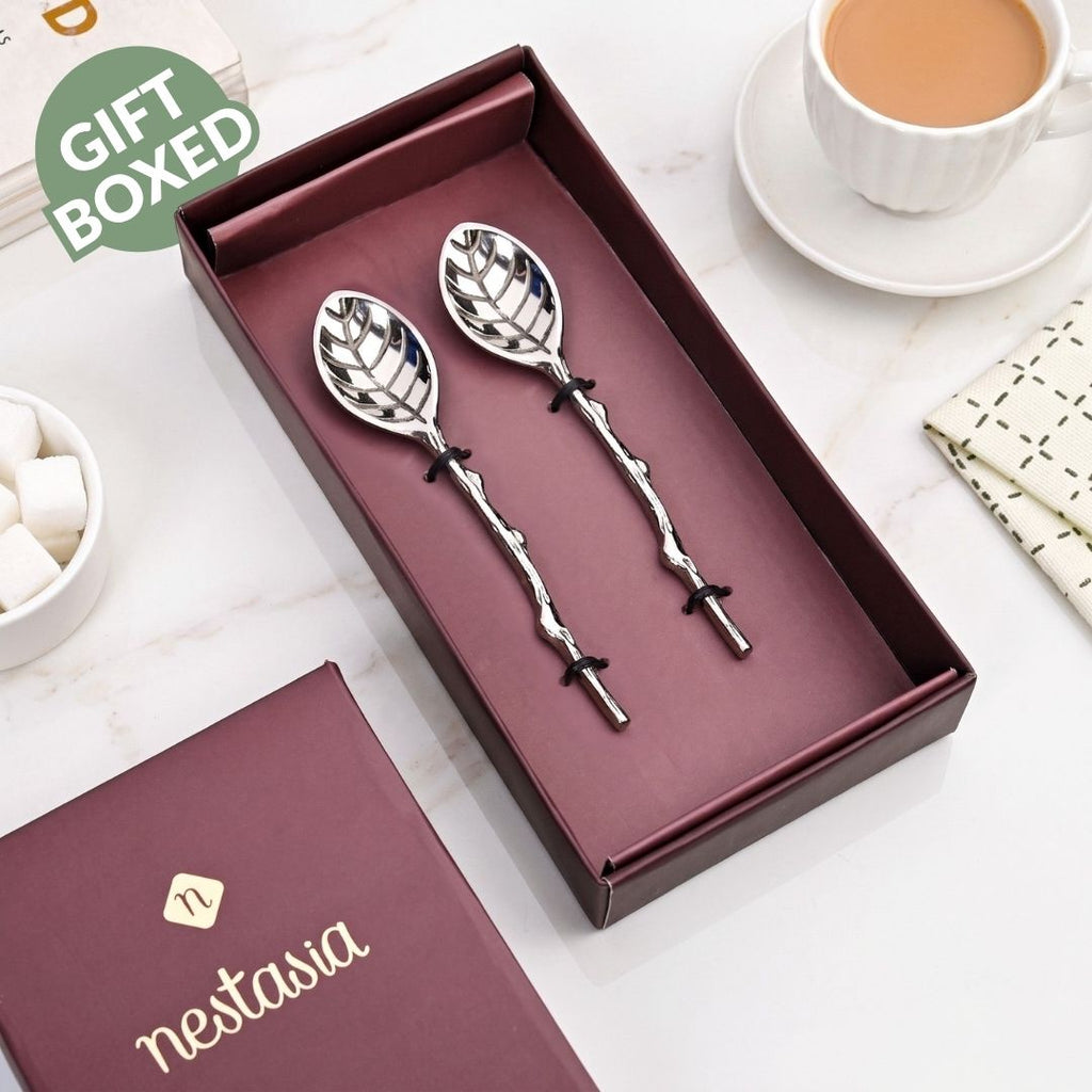 Silver Leaf Twig Tea Spoon Set Of 2 Nestasia