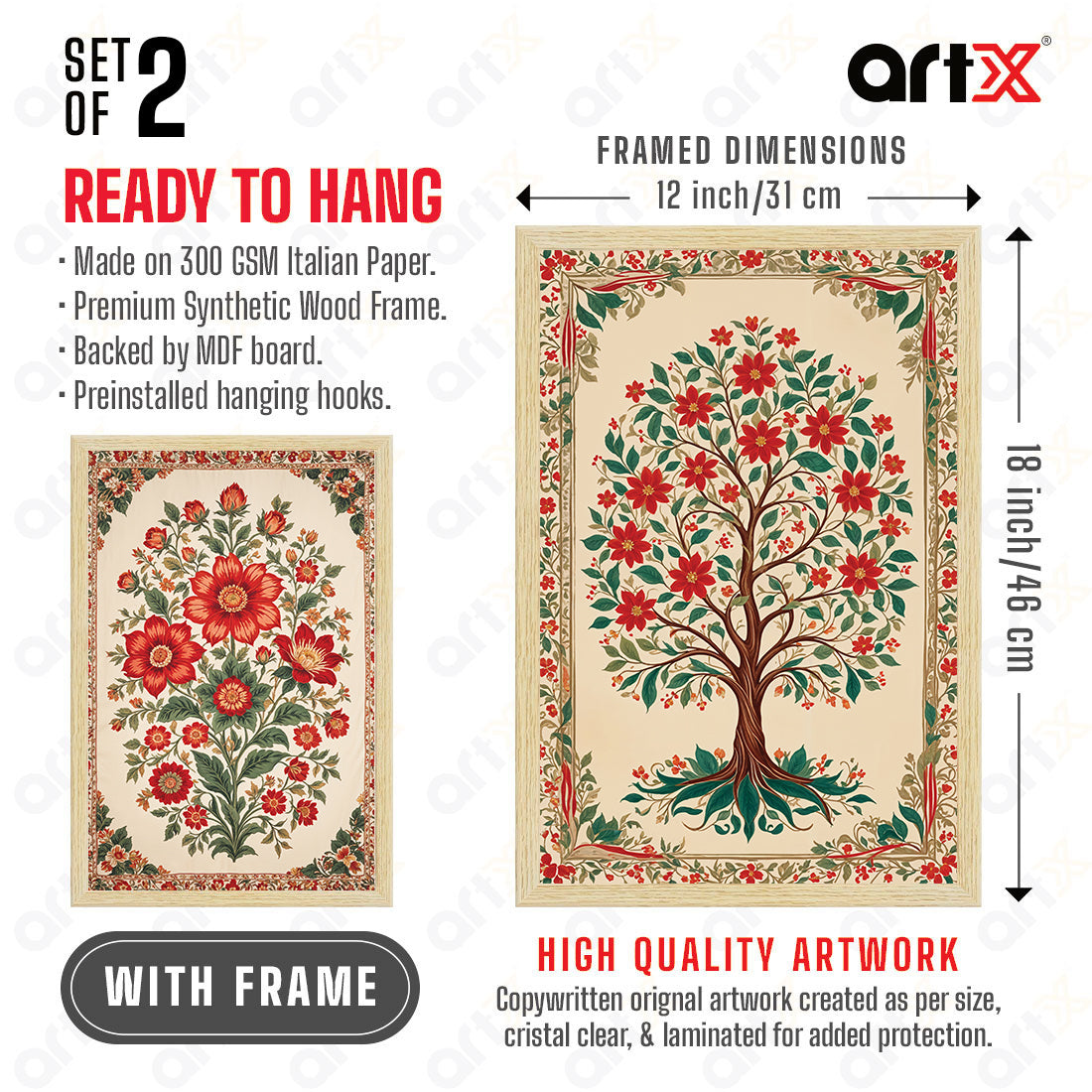 ArtX Floral Art Paintings with Frame for Home Decor, Madhubani Wall Painting for Living Room, Multicolor, Set of 2 AXII-29-FLR ArtX