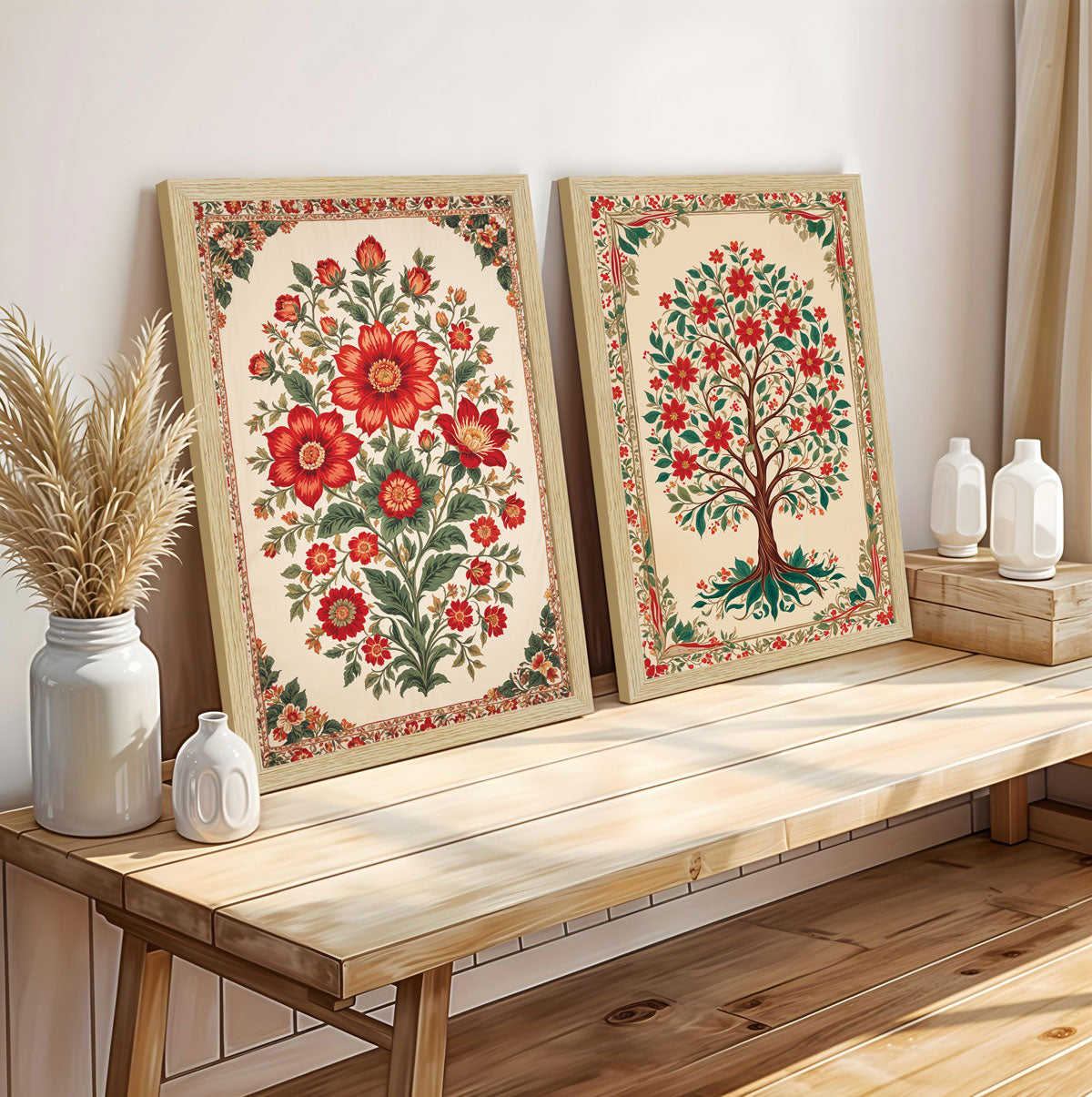 ArtX Floral Art Paintings with Frame for Home Decor, Madhubani Wall Painting for Living Room, Multicolor, Set of 2 AXII-29-FLR ArtX