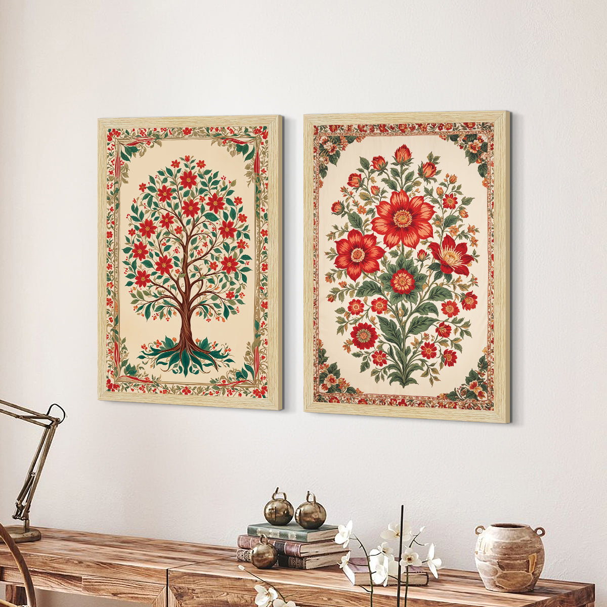 ArtX Floral Art Paintings with Frame for Home Decor, Madhubani Wall Painting for Living Room, Multicolor, Set of 2 AXII-29-FLR ArtX