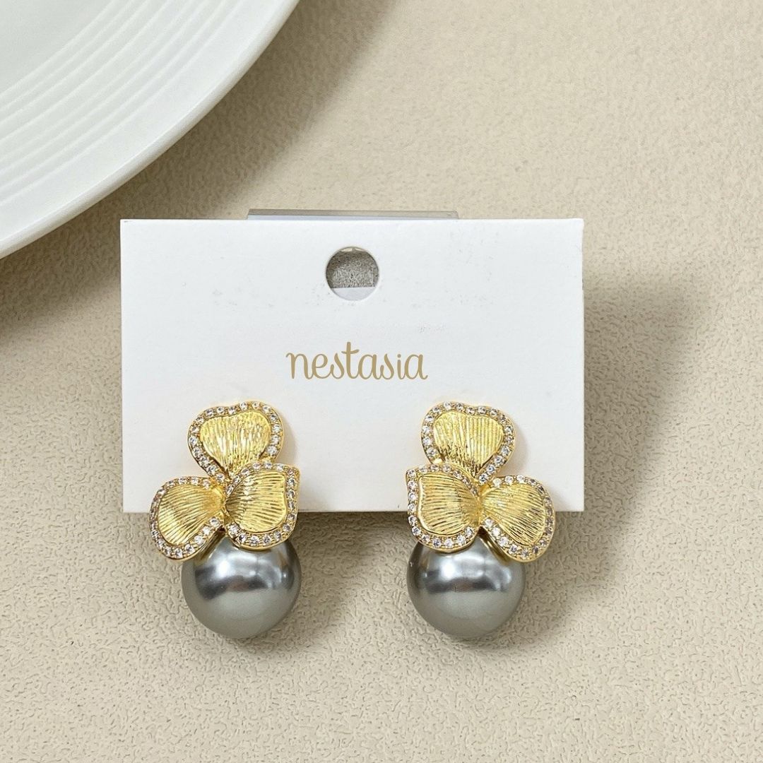 Bowed Pearl Drop Earrings Grey Nestasia