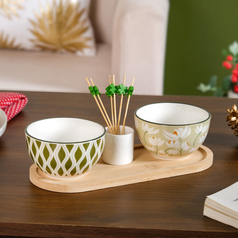 Sage Scape Bowl Tray And Toothpick Holder Set Of 5 Nestasia