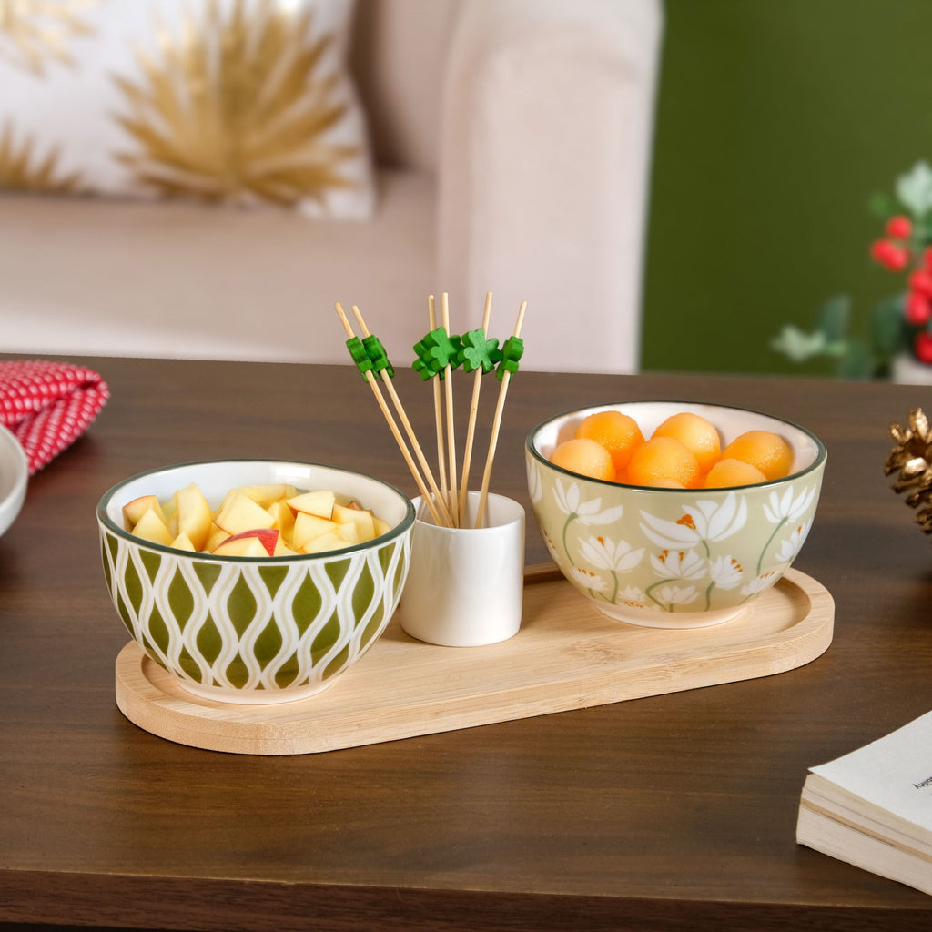 Sage Scape Bowl Tray And Toothpick Holder Set Of 5 Nestasia