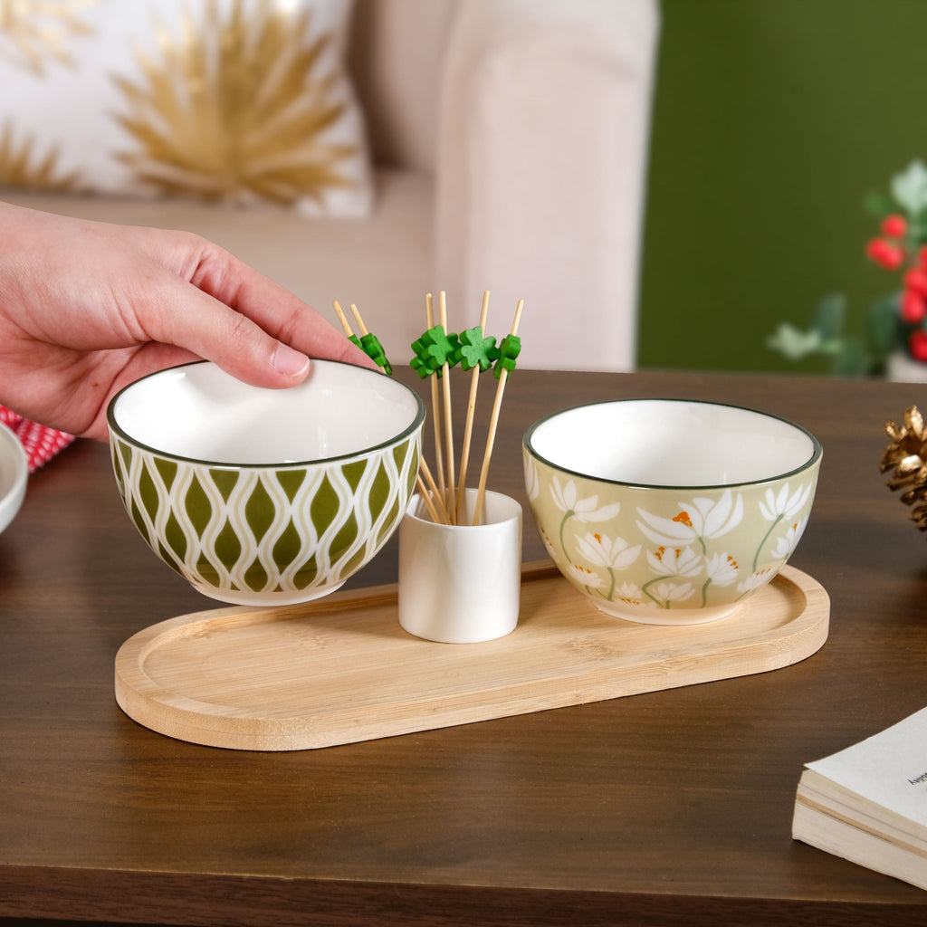 Sage Scape Bowl Tray And Toothpick Holder Set Of 5 Nestasia