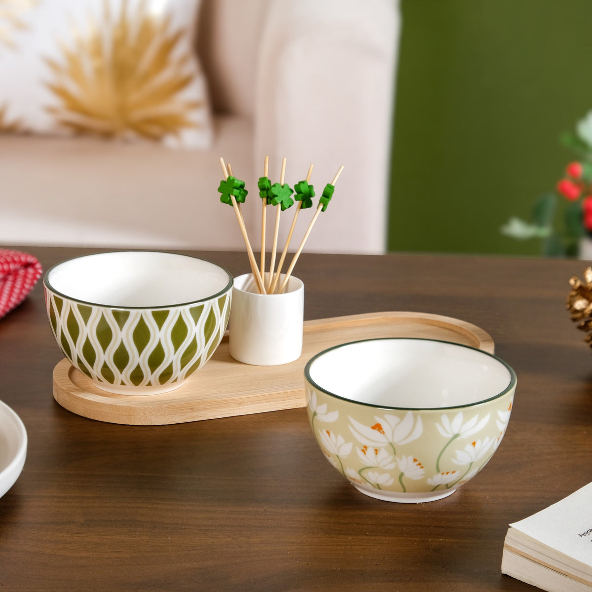 Sage Scape Bowl Tray And Toothpick Holder Set Of 5 Nestasia