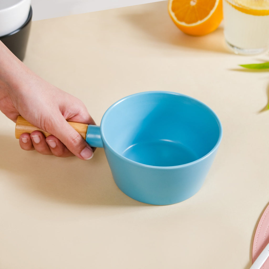 Ceramic Bowl With Wooden Handle Blue 450 ml Nestasia